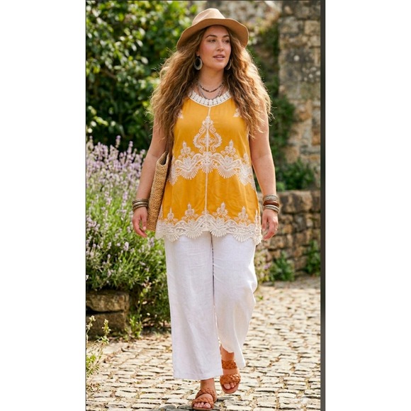 C Est. 1946 Tops - 34A: Est. 1946 Mustard Yellow Lace Embroidered Sleeveless Tunic XL Boho Crochet